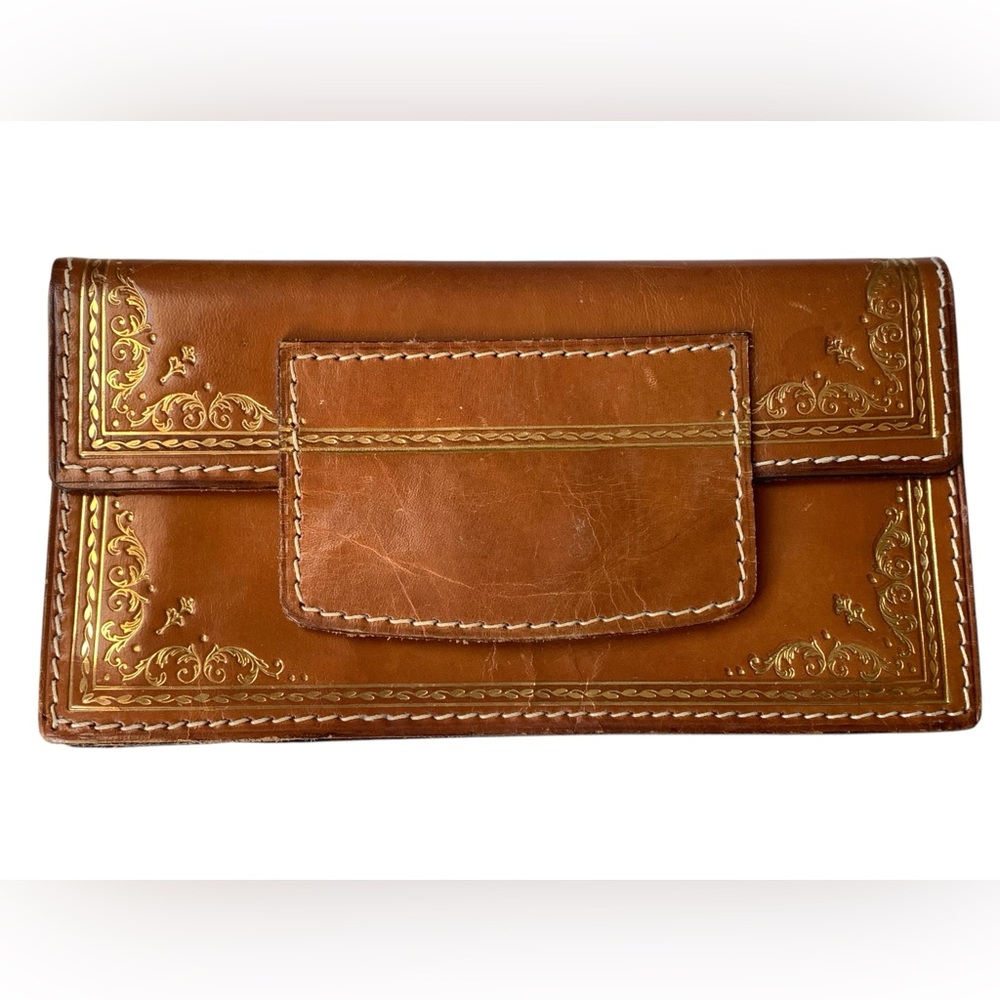 Embassy Made In Italy Vintage Brown Genuine Leather Wallet Clutch Gold Scrolling